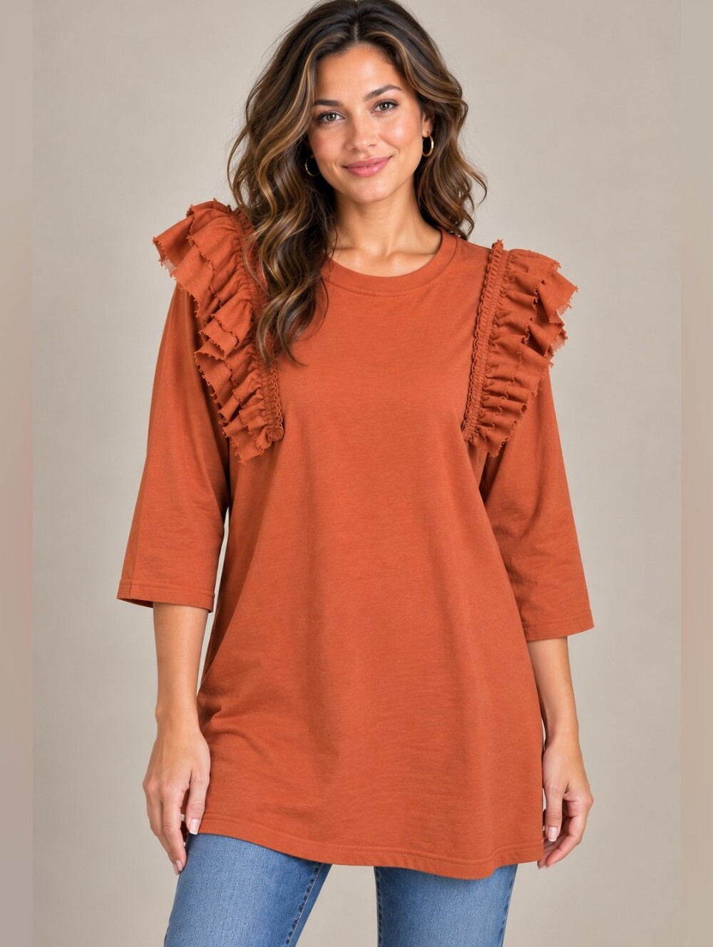 Umgee Rust Ruffle Shoulder Cotton Tunic Top NWT Small A-323